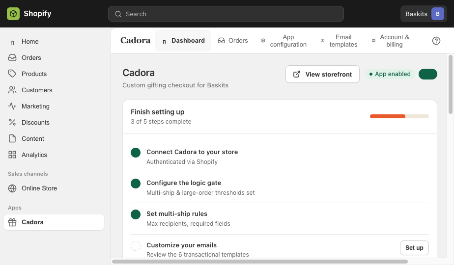 Cadora admin dashboard embedded in Shopify