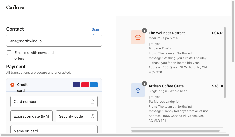 Native Shopify checkout with each gift itemized by recipient