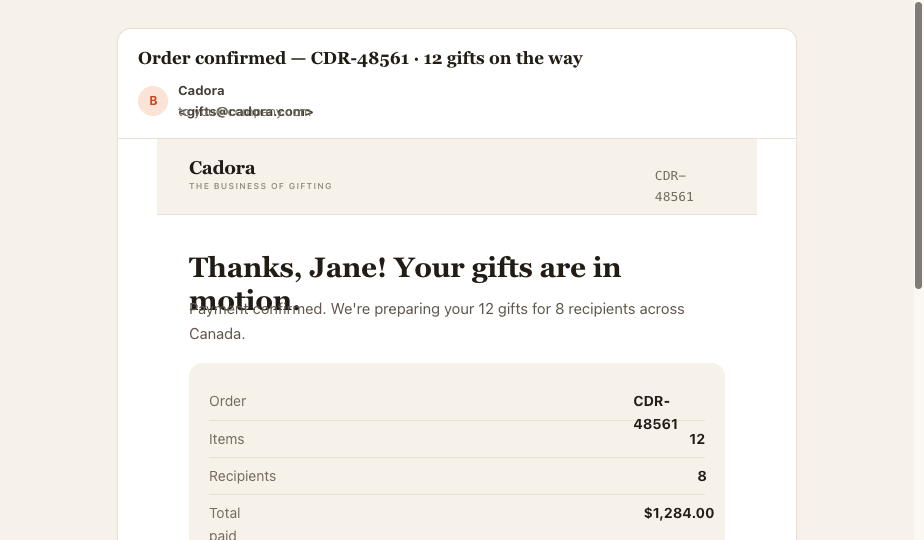 Branded order confirmation email