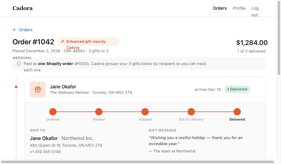 Enhanced customer order page tracking each gift by recipient