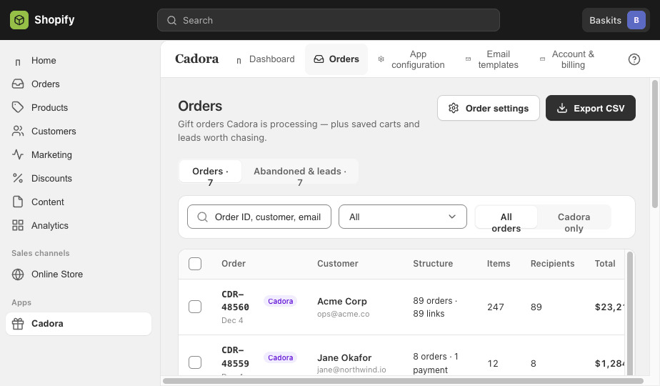 Cadora admin orders table with split structure, recipients and CSV export